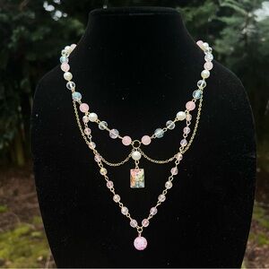Elegant Multi-Layered Necklace with Pink, blue and Gold Accents